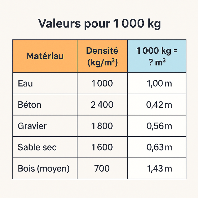 Tableau de conversion 1000 kg en mètre cube selon la densité des matériaux