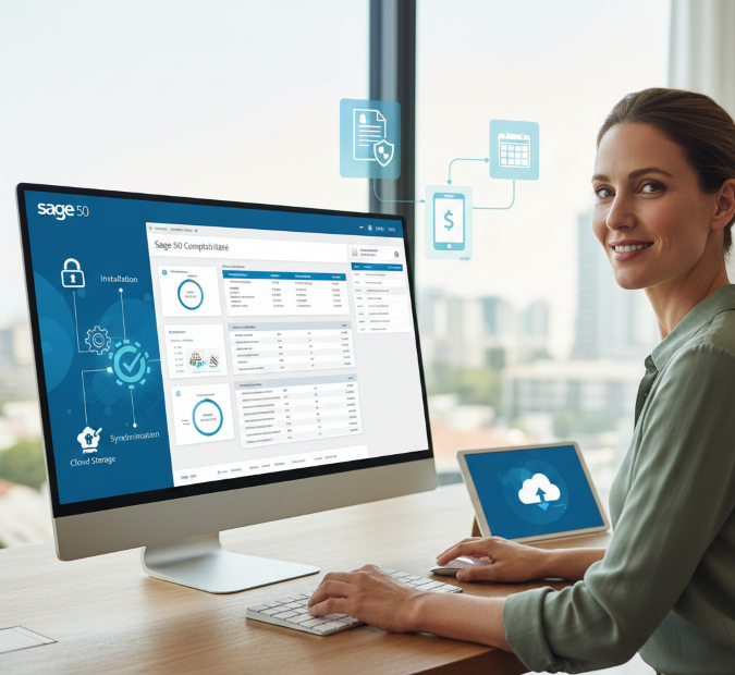 Utilisatrice devant l'interface Sage 50 illustrant la sécurité des données et le stockage cloud sécurisé.