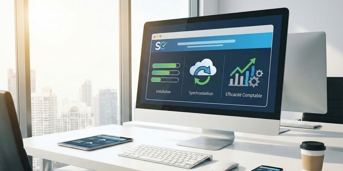 Bureau moderne affichant sur écran l'interface Sage Ciel Com avec les options d'installation, de synchronisation cloud et de suivi de l'efficacité comptable.